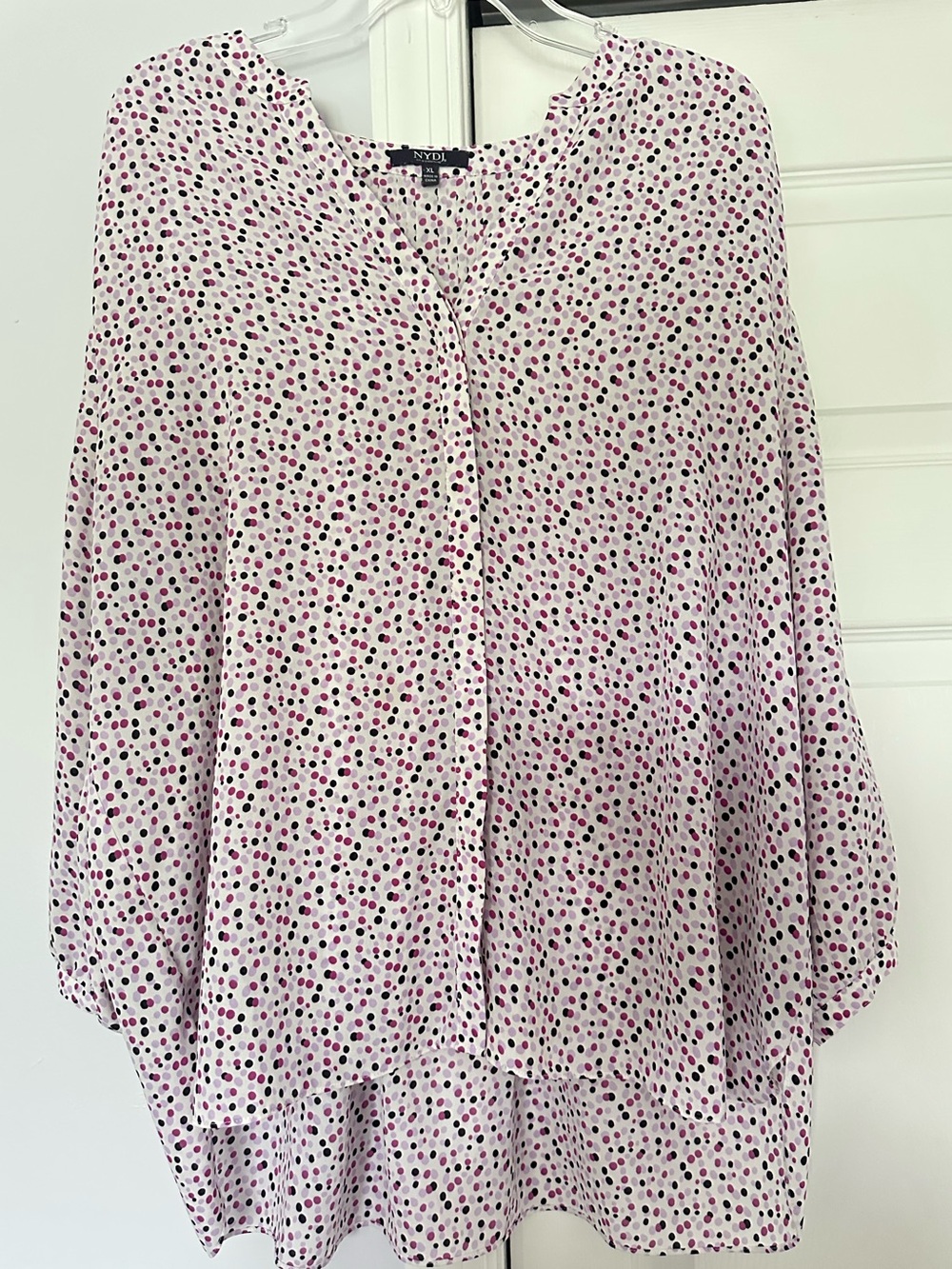 NYDJ White Blouse with Pink and Black Dot Print size XL